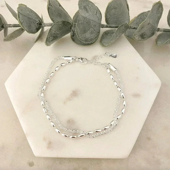 Sterling Silver Double Chain Layer Bracelet Shiny Sequin Dainty Chain Bracelet - Picture 3 of 3